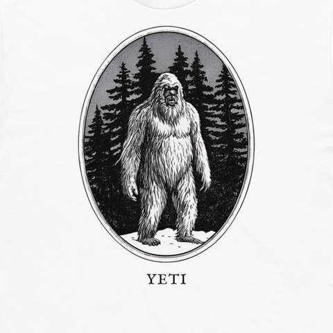 Yeti engraved cryptid t-shirt — crosshatch medallion design close-up