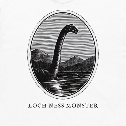 Loch Ness Monster engraved cryptid t-shirt — crosshatch medallion design close-up
