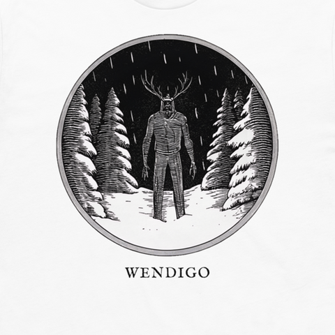 Wendigo engraved cryptid t-shirt — crosshatch medallion design close-up