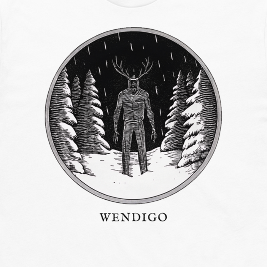 Wendigo engraved cryptid t-shirt — crosshatch medallion design close-up