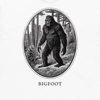 Bigfoot engraved cryptid t-shirt — crosshatch medallion design close-up