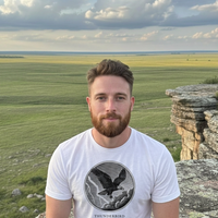 Model wearing the Thunderbird engraved cryptid t-shirt outdoors