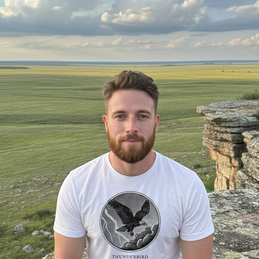 Model wearing the Thunderbird engraved cryptid t-shirt outdoors