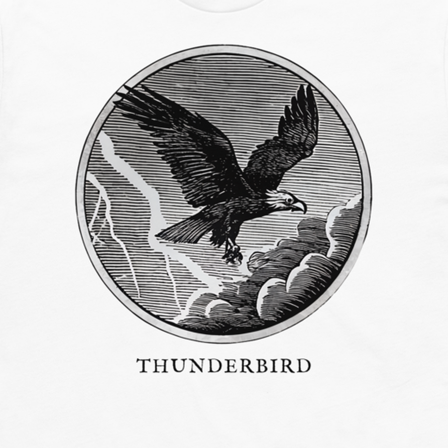 Thunderbird engraved cryptid t-shirt — crosshatch medallion design close-up