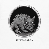 Chupacabra engraved cryptid t-shirt — crosshatch medallion design close-up