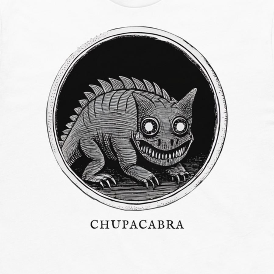 Chupacabra engraved cryptid t-shirt — crosshatch medallion design close-up