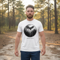 Model wearing the Jersey Devil engraved cryptid t-shirt outdoors
