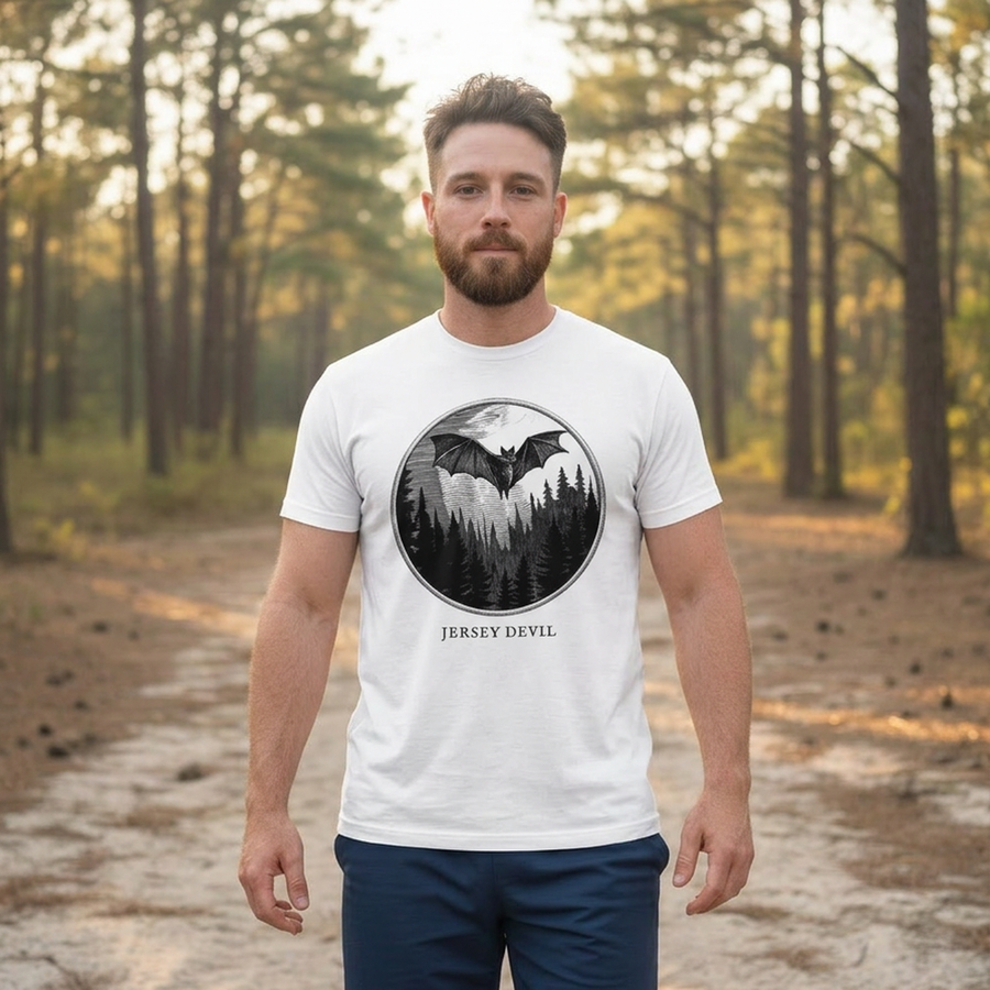 Model wearing the Jersey Devil engraved cryptid t-shirt outdoors