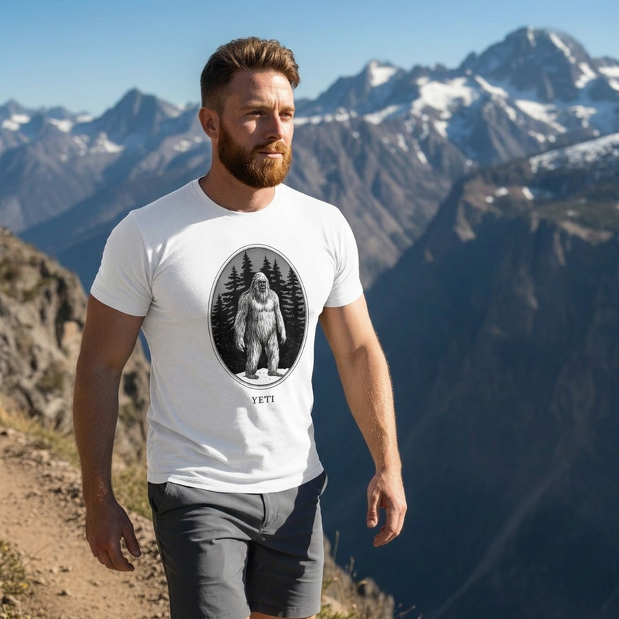 Model wearing the Yeti engraved cryptid t-shirt outdoors