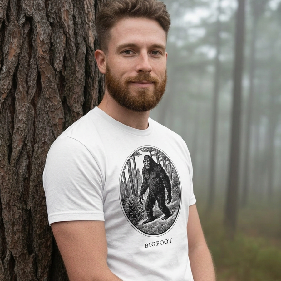 Model wearing the Bigfoot engraved cryptid t-shirt outdoors