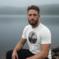 Model wearing the Loch Ness Monster engraved cryptid t-shirt outdoors