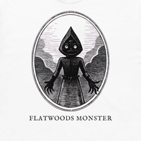 Flatwoods Monster engraved cryptid t-shirt — crosshatch medallion design close-up