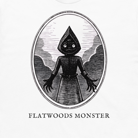 Flatwoods Monster engraved cryptid t-shirt — crosshatch medallion design close-up