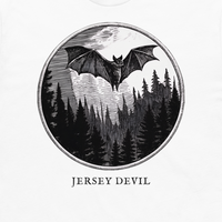 Jersey Devil engraved cryptid t-shirt — crosshatch medallion design close-up