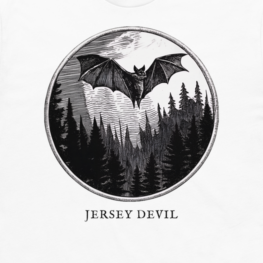 Jersey Devil engraved cryptid t-shirt — crosshatch medallion design close-up