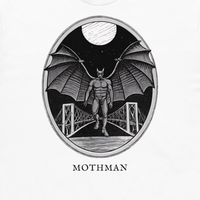 Mothman engraved cryptid t-shirt — crosshatch medallion design close-up