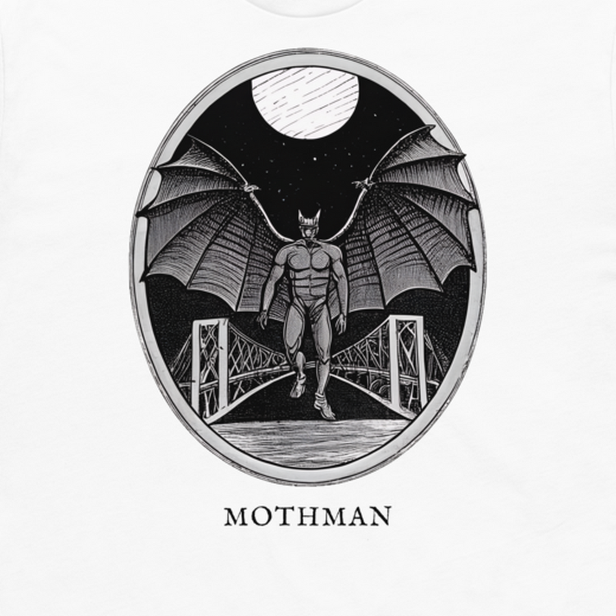 Mothman engraved cryptid t-shirt — crosshatch medallion design close-up