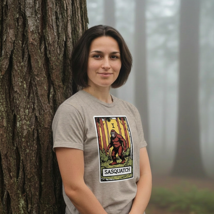 Woman wearing Bigfoot tarot card t-shirt from Lost Arcana series — lifestyle photo by Cryptid Emporium