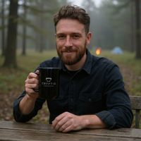 Man holding a black glossy Cryptid Emporium mug at a misty forest campsite — lifestyle photo