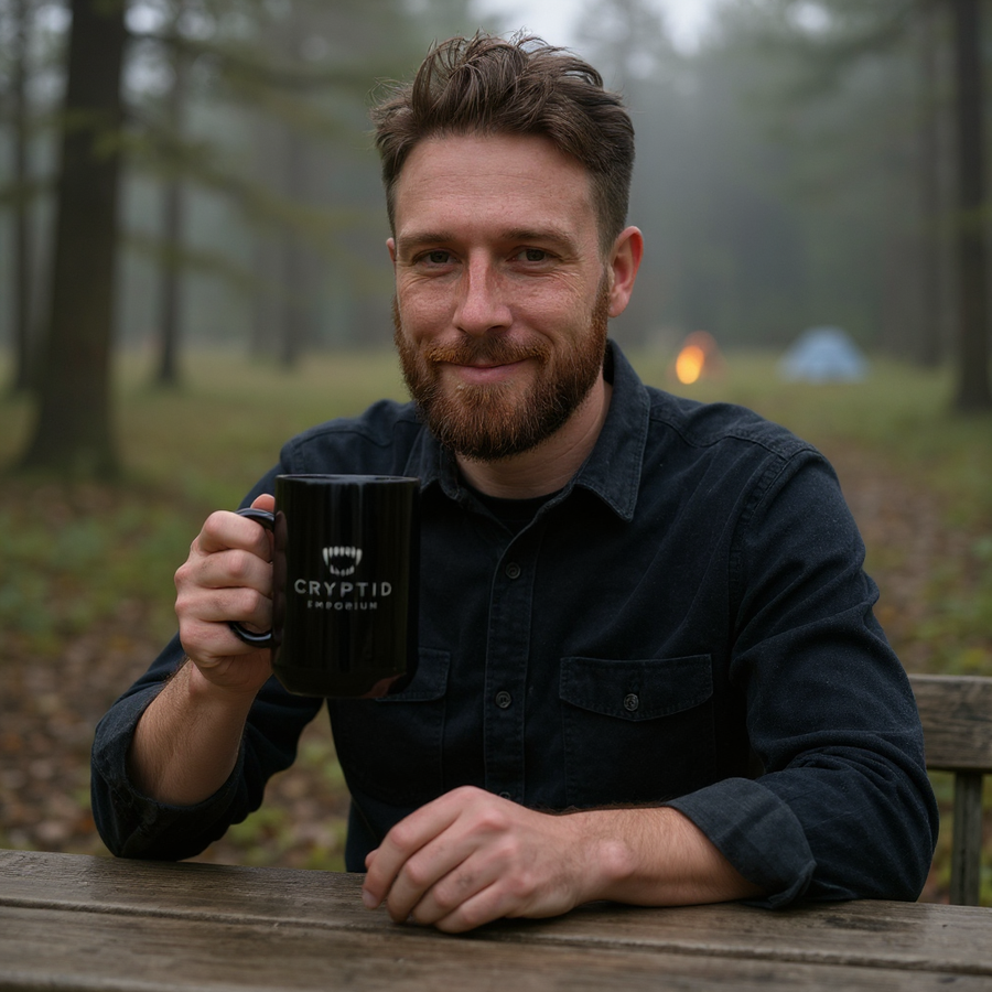 Man holding a black glossy Cryptid Emporium mug at a misty forest campsite — lifestyle photo