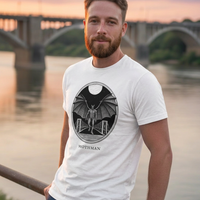 Model wearing the Mothman engraved cryptid t-shirt outdoors