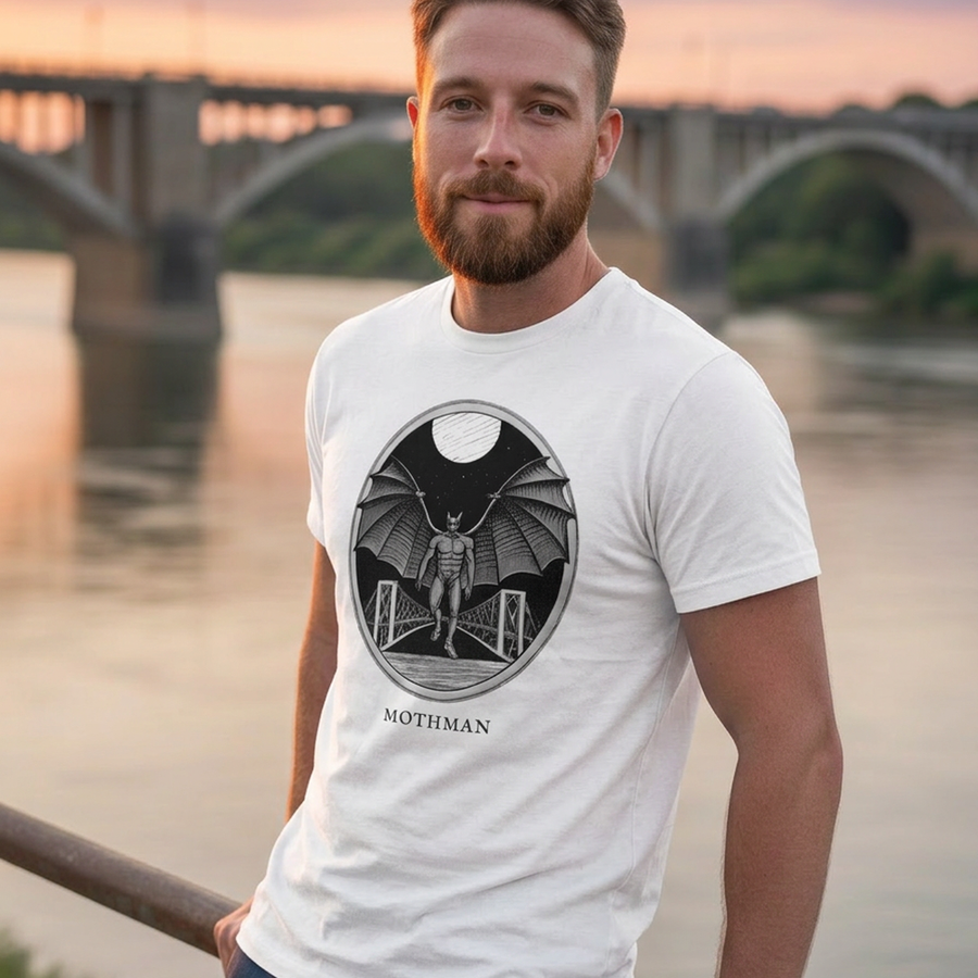 Model wearing the Mothman engraved cryptid t-shirt outdoors
