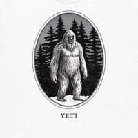 Yeti engraved cryptid t-shirt — crosshatch medallion design close-up