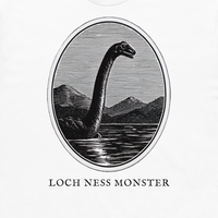 Loch Ness Monster engraved cryptid t-shirt — crosshatch medallion design close-up