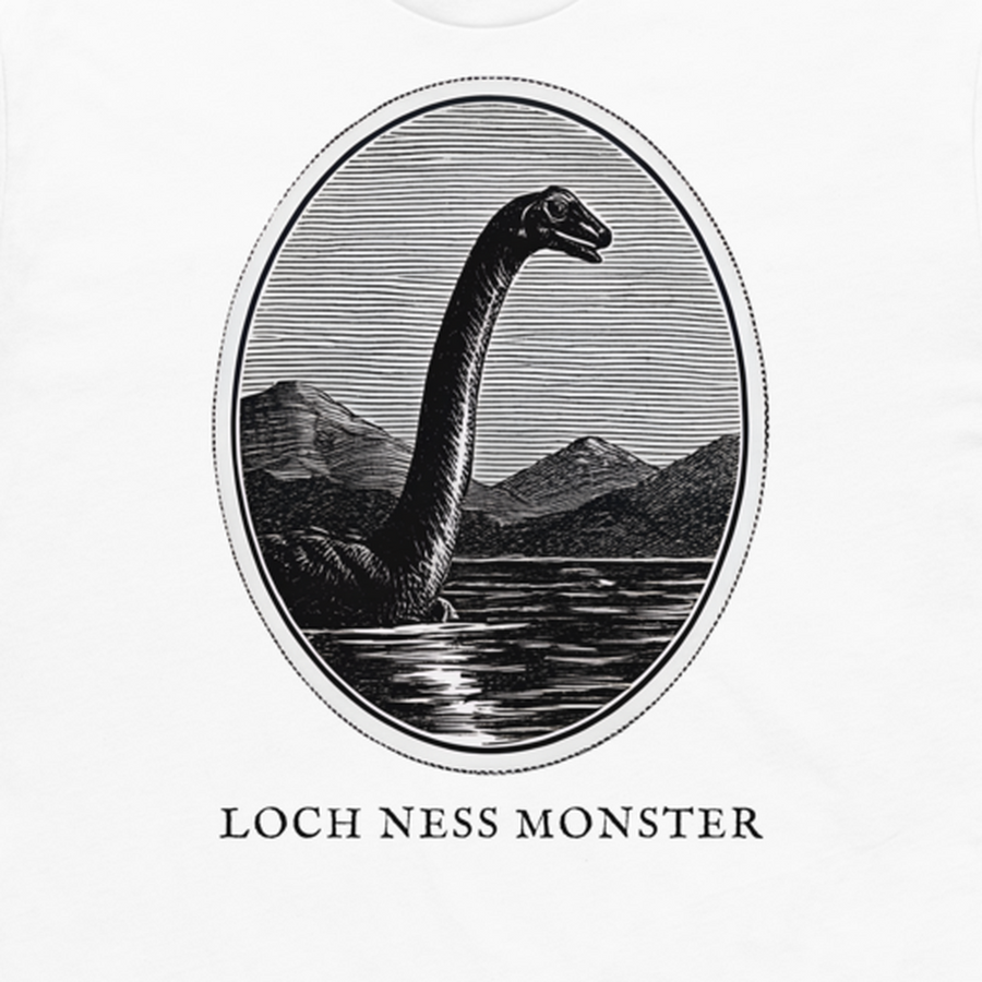 Loch Ness Monster engraved cryptid t-shirt — crosshatch medallion design close-up