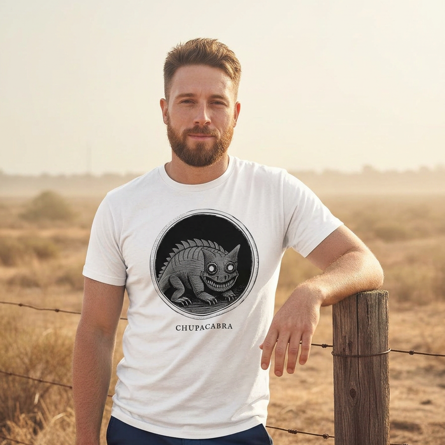 Model wearing the Chupacabra engraved cryptid t-shirt outdoors
