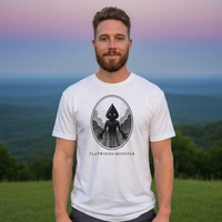 Model wearing the Flatwoods Monster engraved cryptid t-shirt outdoors