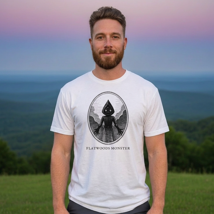 Model wearing the Flatwoods Monster engraved cryptid t-shirt outdoors